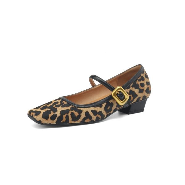 Retro Square Toe Strap Mary Jane Shoes Women's French Horsehair Genuine Leather Leopard Print Shoes - Image 2