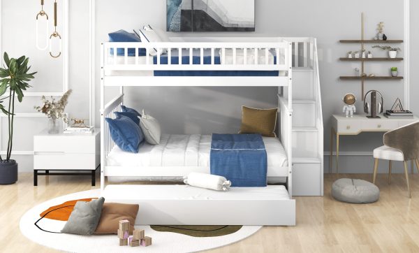 Full over Full Bunk Bed with Trundle and Staircase White - Image 3