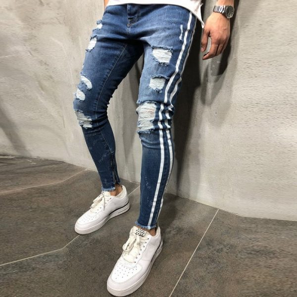 Ripped Side Striped Jeans Fashion Streetwear Mens Skinny Stretch Jeans Pants Slim Casual Denim Jeans jeans hombre - Image 3