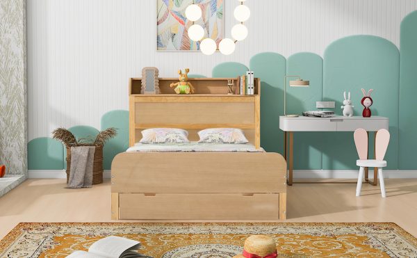 Full Size Platform Bed with Storage Headboard and a Big Drawer Wood Color - Image 10