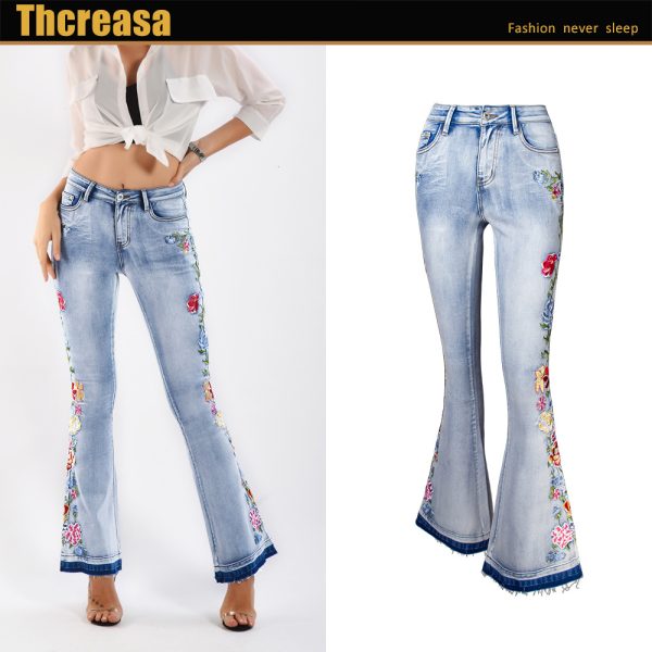 Flared Jeans Women Heavy Industry Three-Dimensional 3D Embroidery Jeans Trousers Flared Pants Large Size Women's Clothing