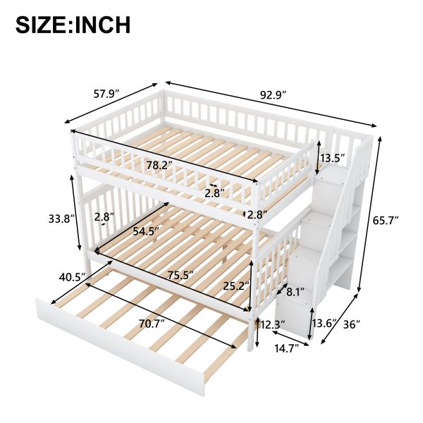 Full over Full Bunk Bed with Trundle and Staircase White - Image 12