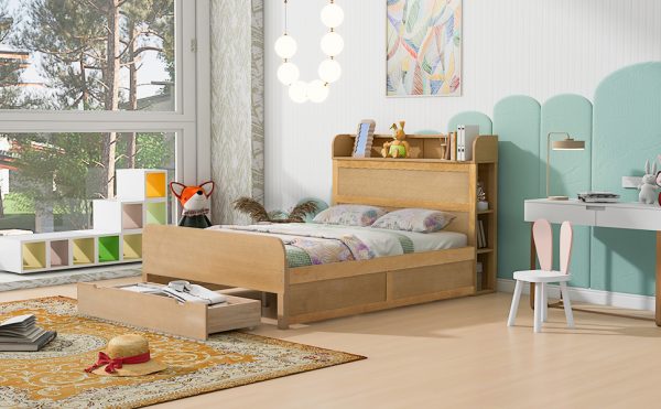 Full Size Platform Bed with Storage Headboard and a Big Drawer Wood Color - Image 16