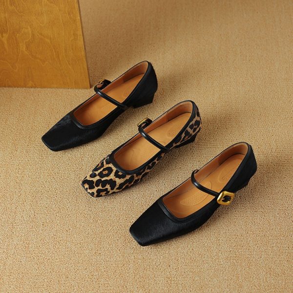 Retro Square Toe Strap Mary Jane Shoes Women's French Horsehair Genuine Leather Leopard Print Shoes - Image 3