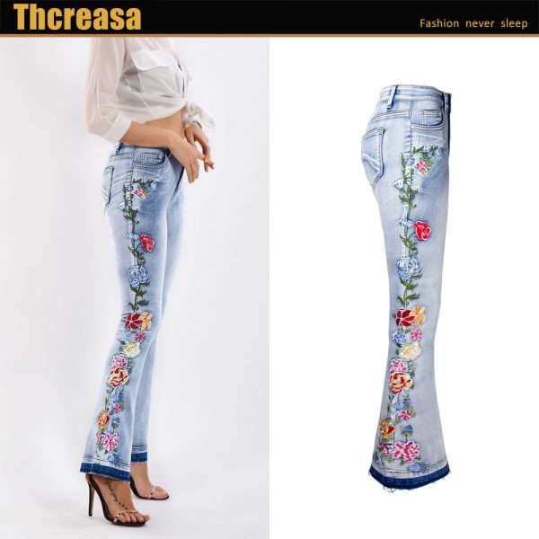 Flared Jeans Women Heavy Industry Three-Dimensional 3D Embroidery Jeans Trousers Flared Pants Large Size Women's Clothing - Image 3