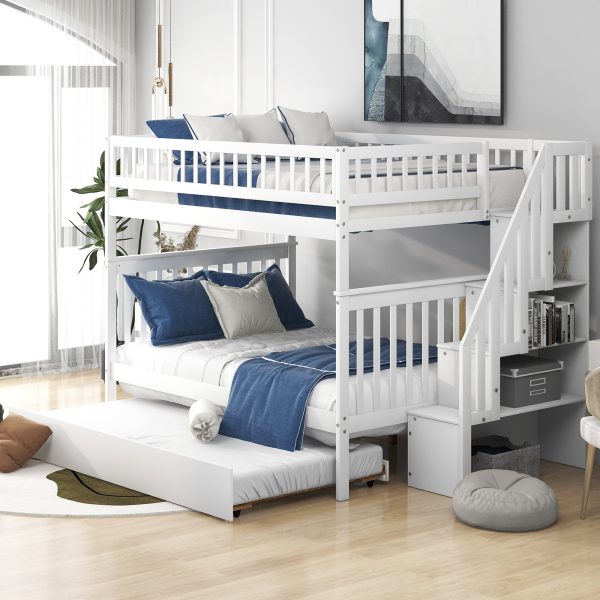 Full over Full Bunk Bed with Trundle and Staircase White