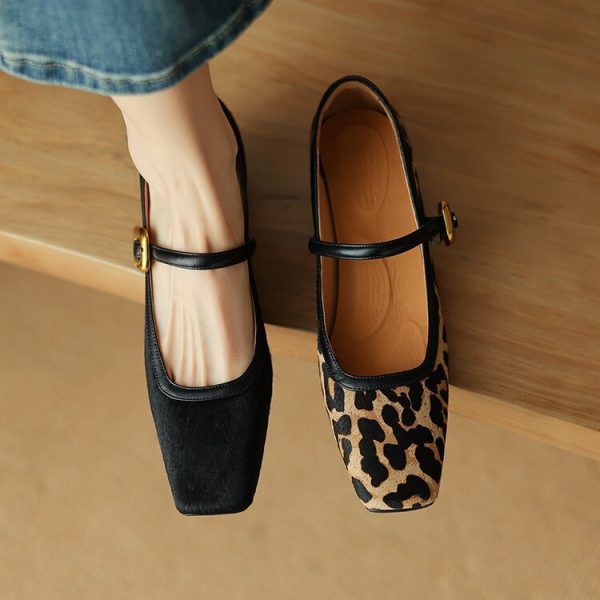 Retro Square Toe Strap Mary Jane Shoes Women's French Horsehair Genuine Leather Leopard Print Shoes - Image 5