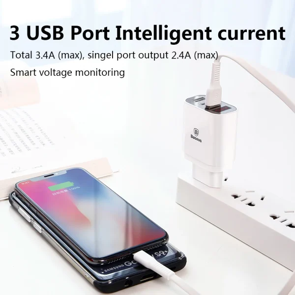 LED Display 3 USB Charger, Baseus Mobile Phone USB Charger Fast Charging Wall Charger For iPhone Samsung Xiaomi 3.4A Max Charger - Image 4