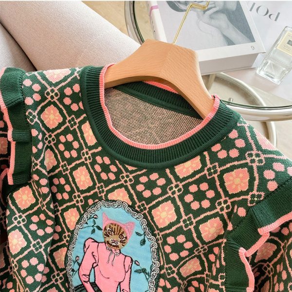 Retro slim fit niche mushroom edge bubble sleeve knitted sweater embroidered cat lady sweater women's top autumn - Image 2